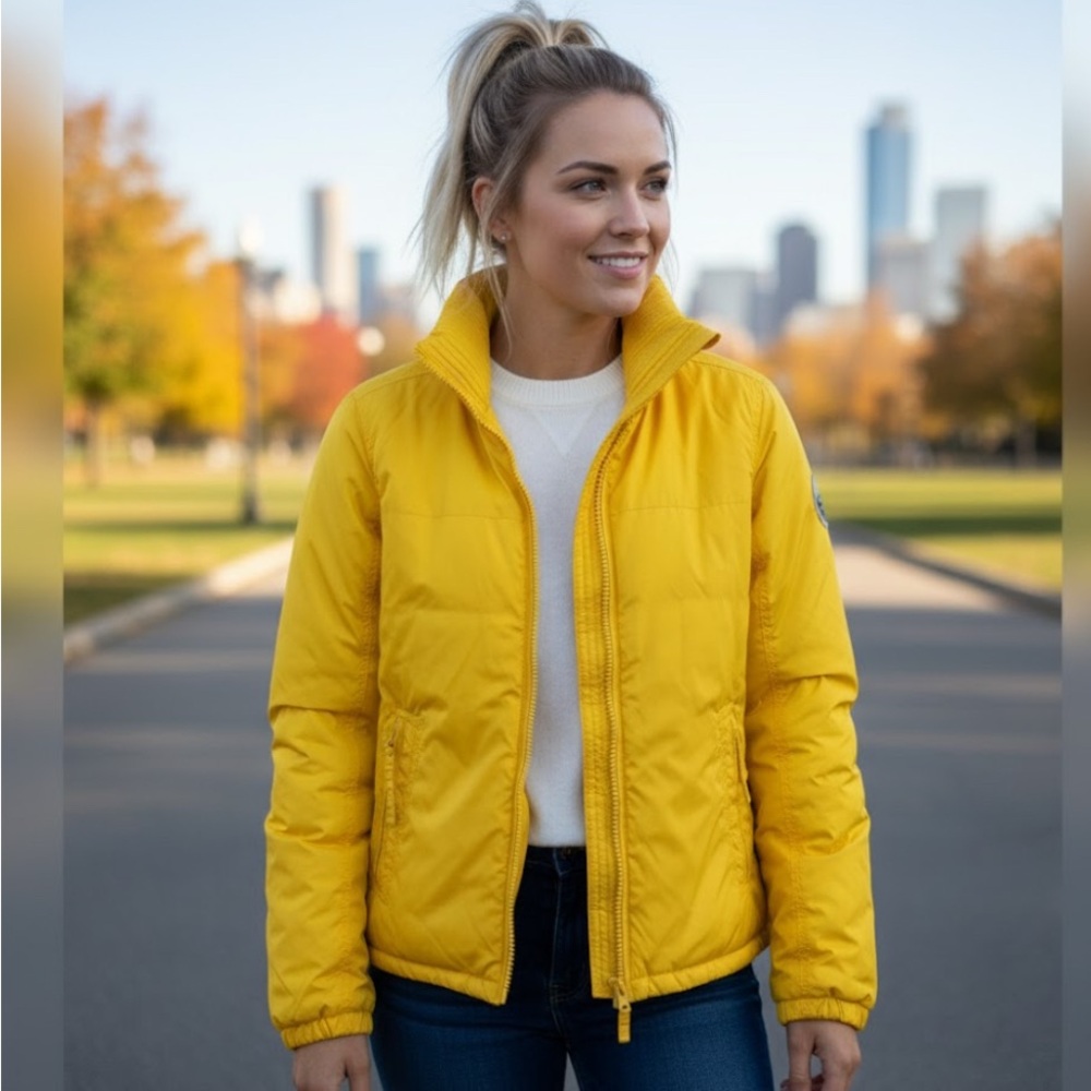 Abercrombie & Fitch Canary Yellow Preppy Winter Zip Up Jacket - Large - Picture 1 of 14